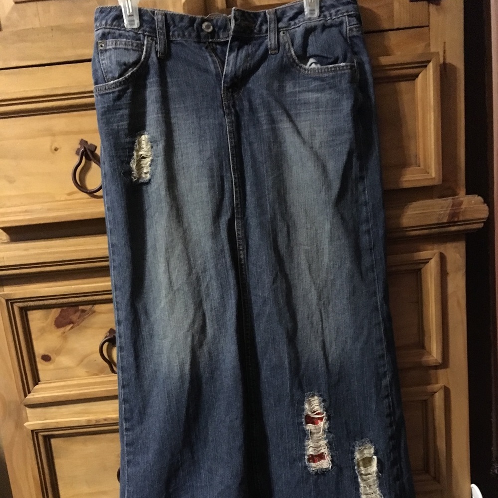 Long distressed denim skirt